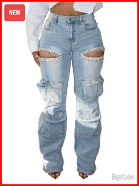 High Waisted Wide Leg Cargo Jeans with Pockets Stretchy Y2K Denim Pants